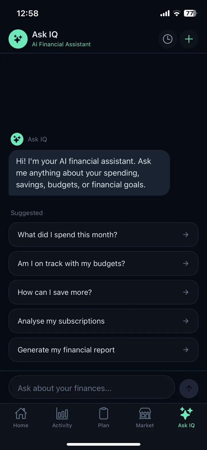 earmarkIQ Ask IQ AI chat with suggested prompts for spending, budgets, and savings