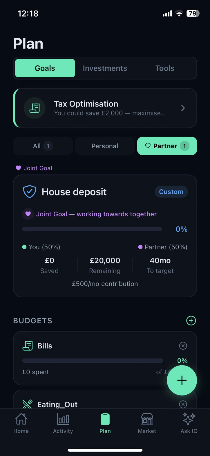 earmarkIQ goals with house deposit tracking, partner goals, and budget categories