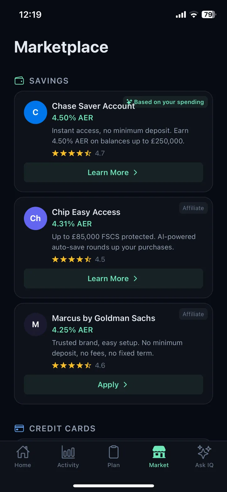 earmarkIQ marketplace with Chase, Chip, and Marcus savings accounts ranked by AI