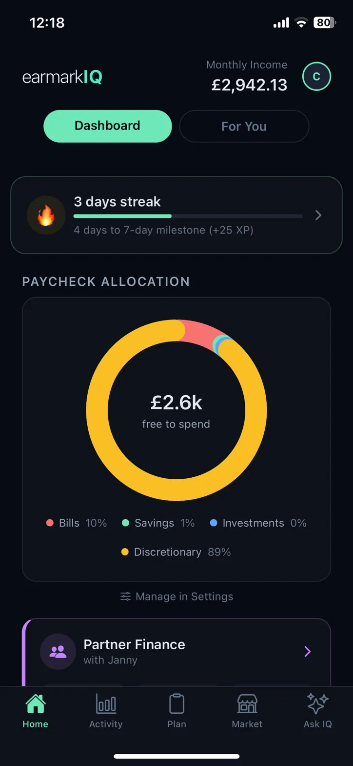 earmarkIQ dashboard showing paycheck allocation donut chart with £2.6k free to spend