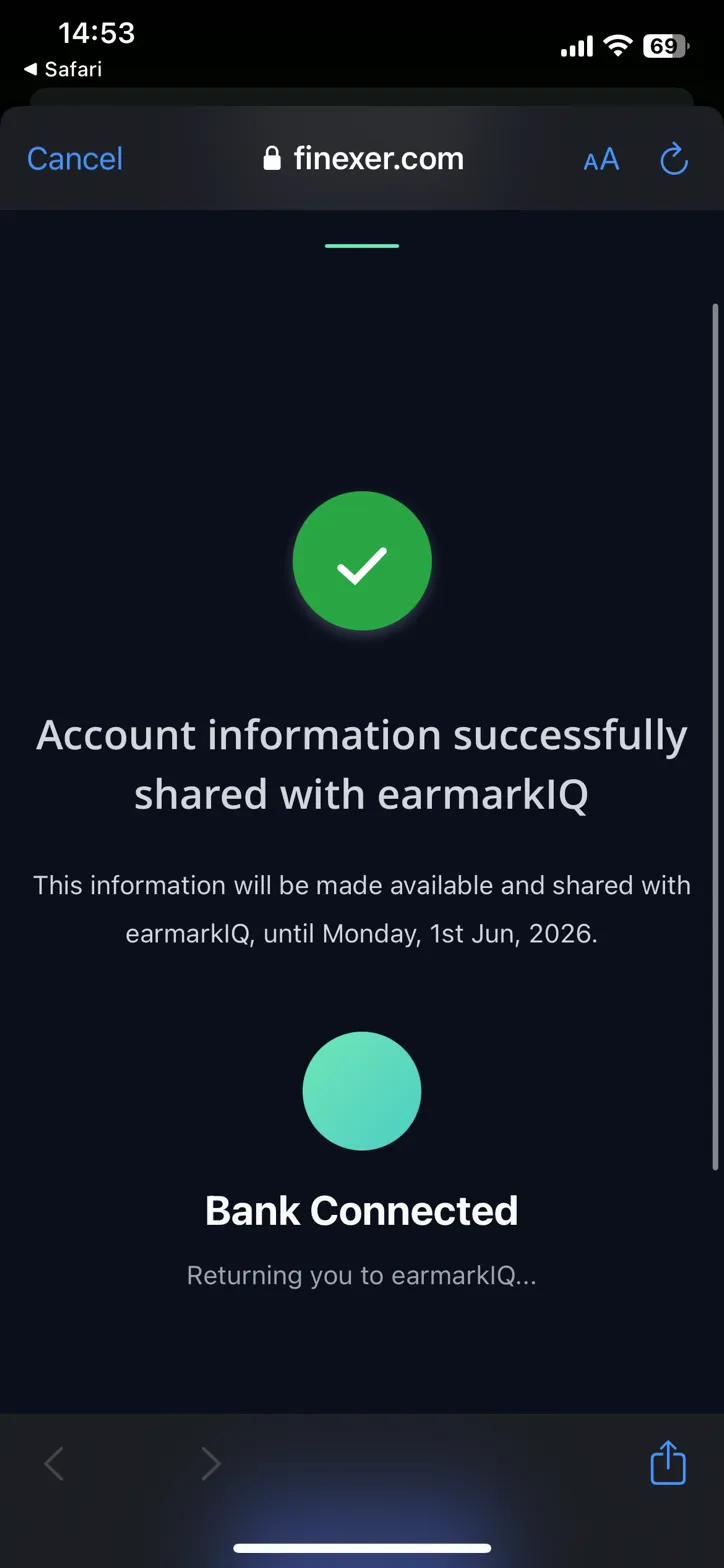 earmarkIQ bank connection success screen via Open Banking