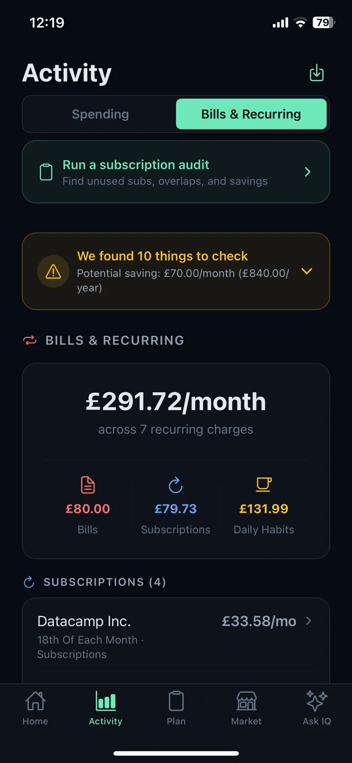 earmarkIQ bills and recurring with subscription audit and £840/yr potential savings